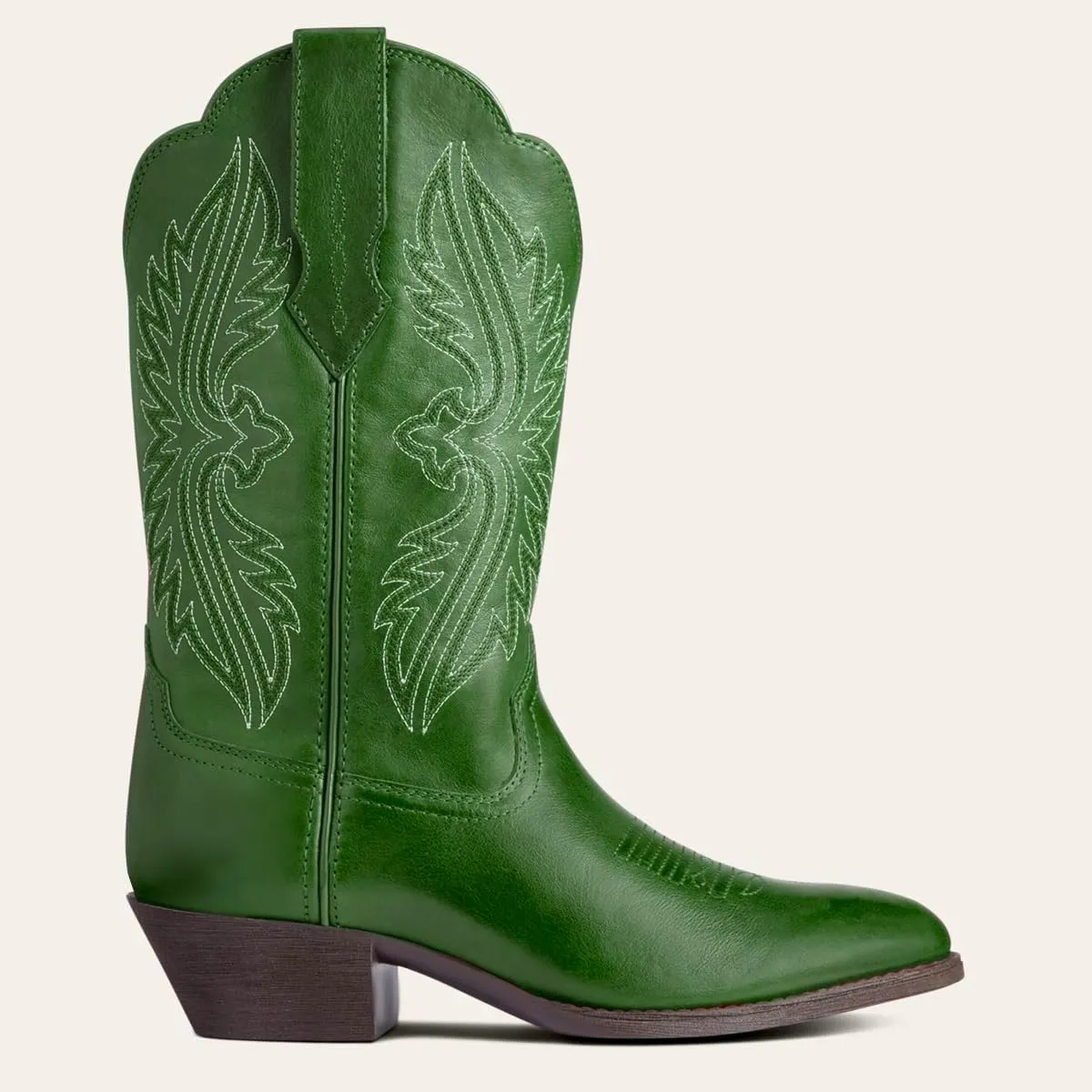 Women Vintage Embroidered Cowboy Boots Mid Calf Pointed Toe Knee High Western Boots Chunky Stacked Heel Pull On Mid Calf Cowgirl Boots V Cut Retro Casual Street Party 4-11 M US
