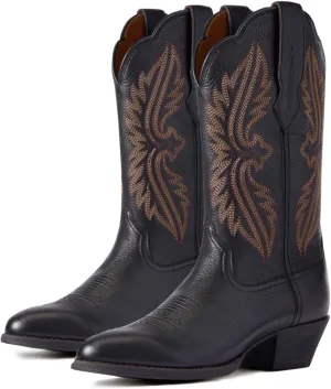 Women Vintage Embroidered Cowboy Boots Mid Calf Pointed Toe Knee High Western Boots Chunky Stacked Heel Pull On Mid Calf Cowgirl Boots V Cut Retro Casual Street Party 4-11 M US