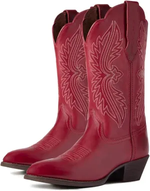 Women Vintage Embroidered Cowboy Boots Mid Calf Pointed Toe Knee High Western Boots Chunky Stacked Heel Pull On Mid Calf Cowgirl Boots V Cut Retro Casual Street Party 4-11 M US