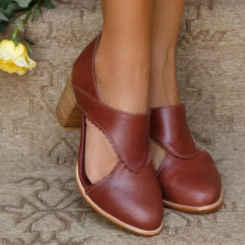 Women Vintage Leather Chunky Heel Sandals Boots