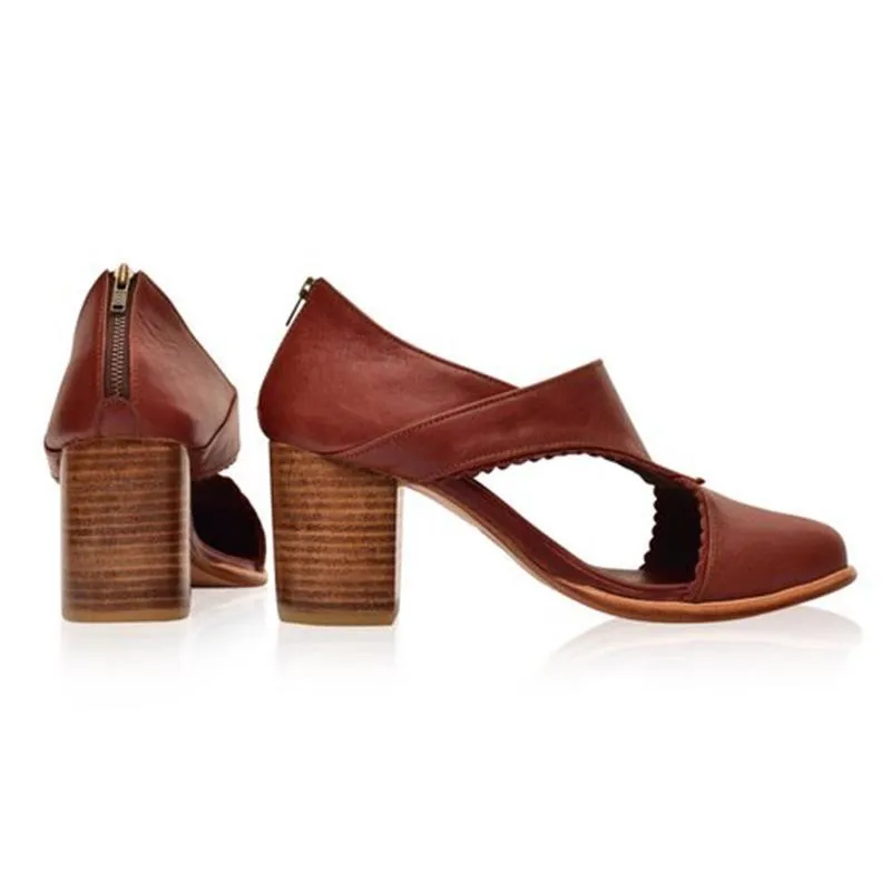 Women Vintage Leather Chunky Heel Sandals Boots