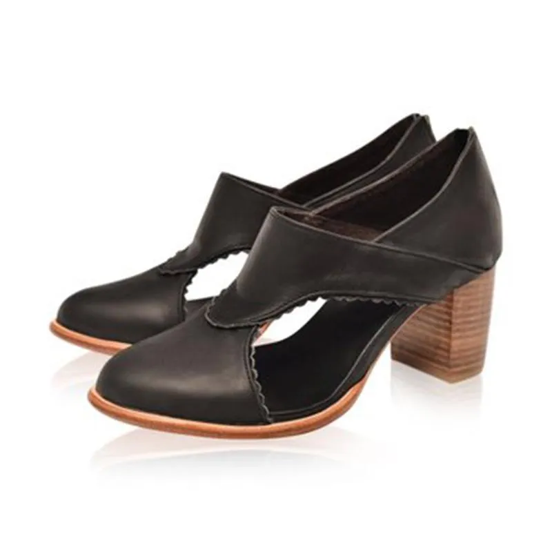 Women Vintage Leather Chunky Heel Sandals Boots