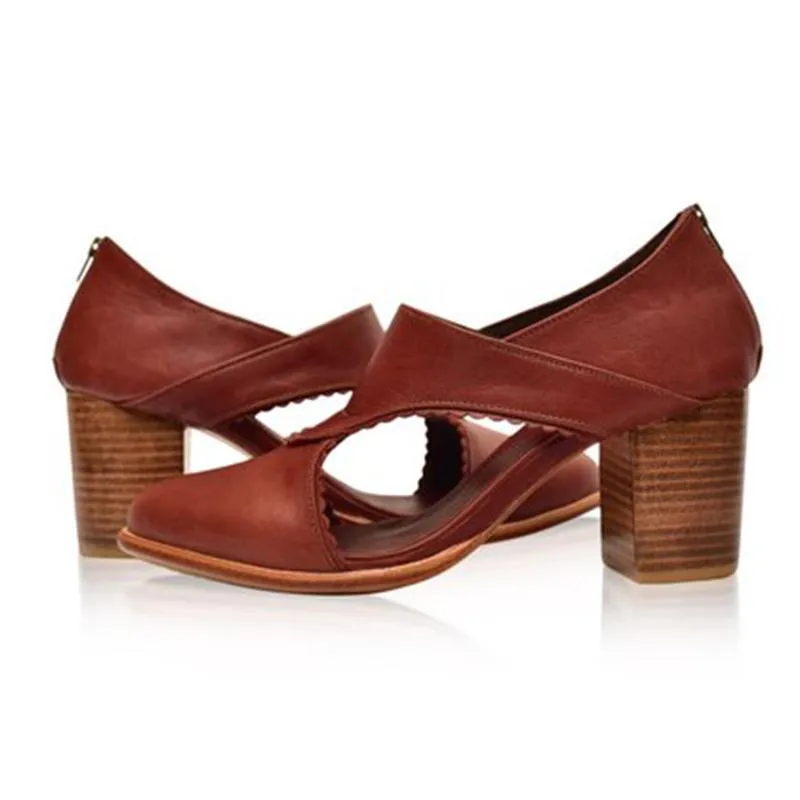 Women Vintage Leather Chunky Heel Sandals Boots