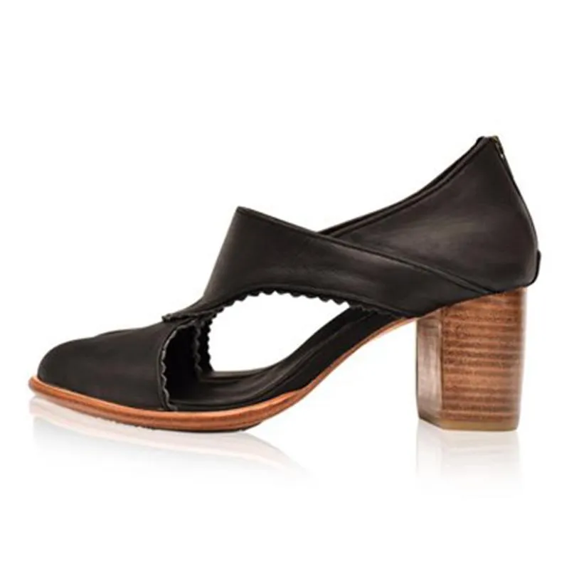 Women Vintage Leather Chunky Heel Sandals Boots