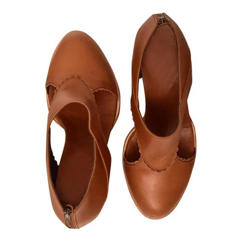 Women Vintage Leather Chunky Heel Sandals Boots