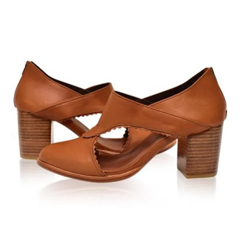 Women Vintage Leather Chunky Heel Sandals Boots