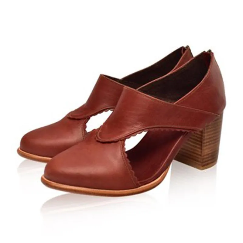 Women Vintage Leather Chunky Heel Sandals Boots