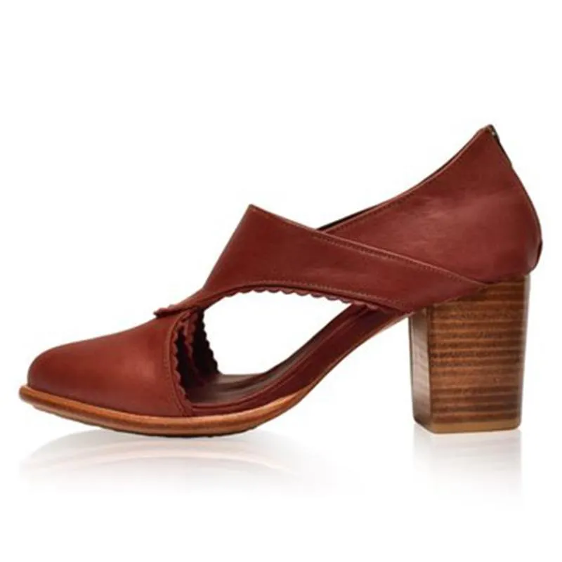 Women Vintage Leather Chunky Heel Sandals Boots