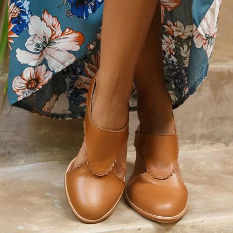 Women Vintage Leather Chunky Heel Sandals Boots