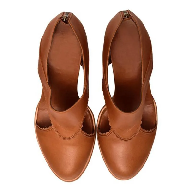 Women Vintage Leather Chunky Heel Sandals Boots