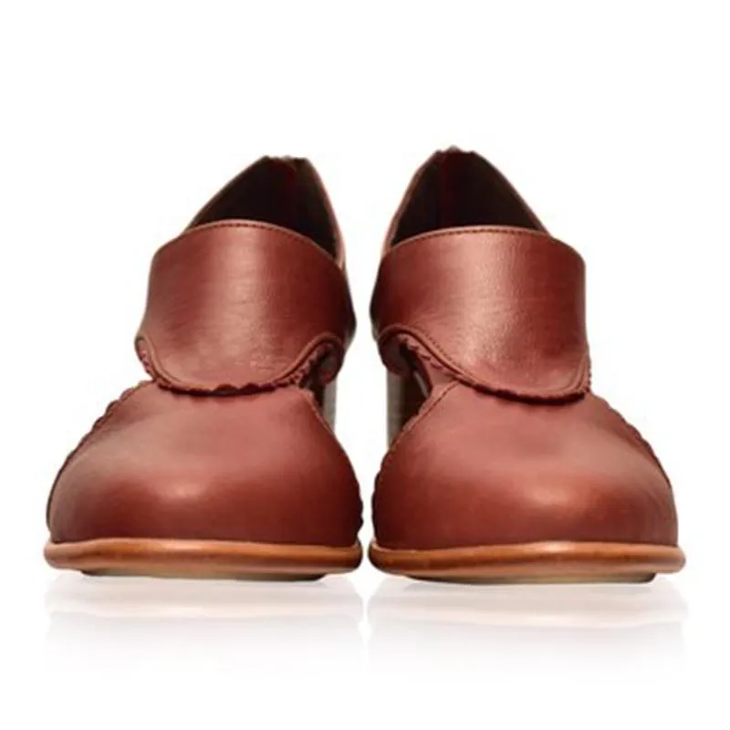 Women Vintage Leather Chunky Heel Sandals Boots