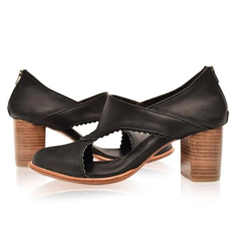 Women Vintage Leather Chunky Heel Sandals Boots