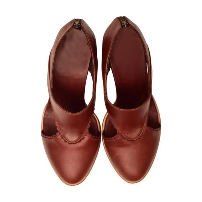 Women Vintage Leather Chunky Heel Sandals Boots