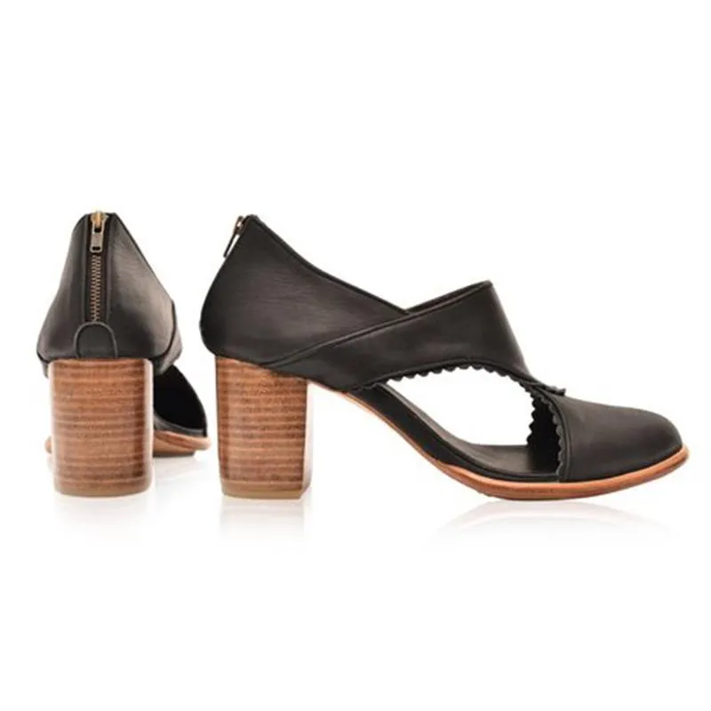 Women Vintage Leather Chunky Heel Sandals Boots