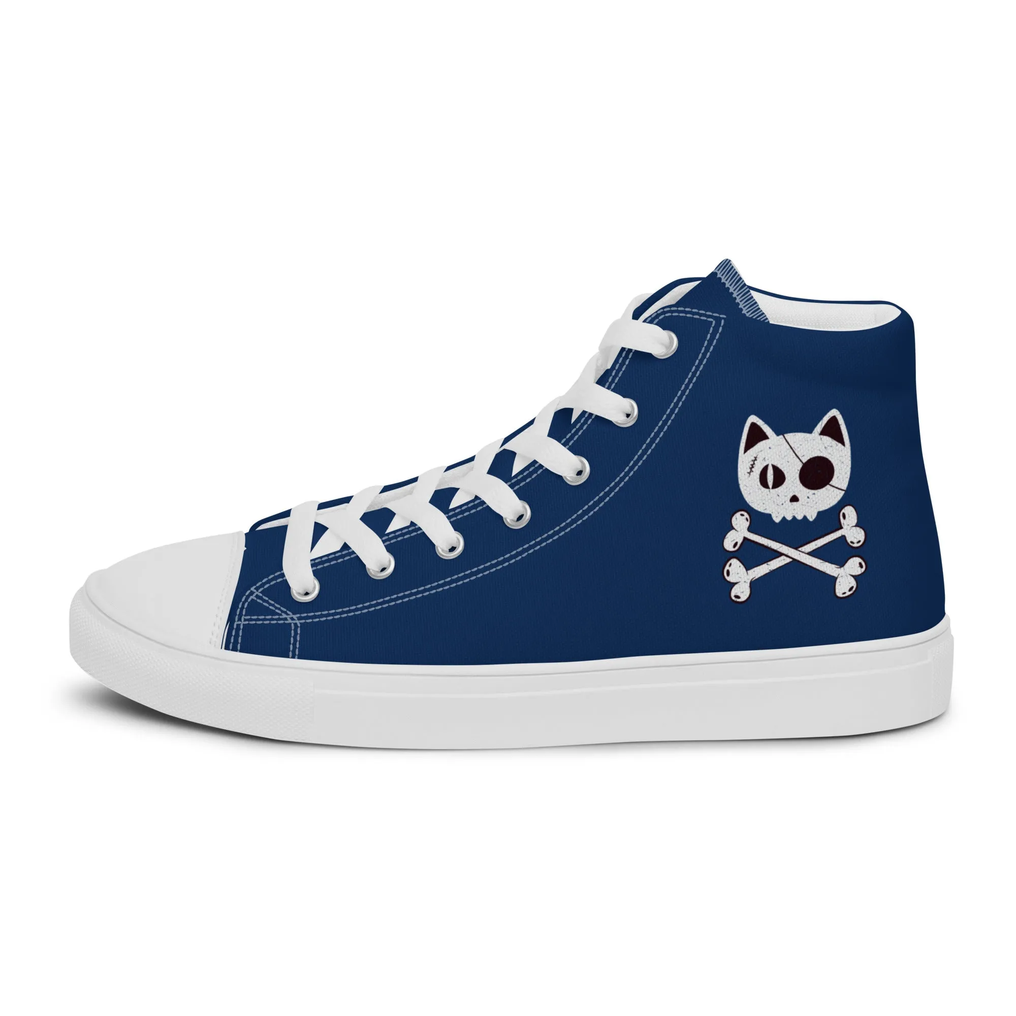 Women’s Blue high top canvas shoes with Pirate Cat Skull and Crossbones