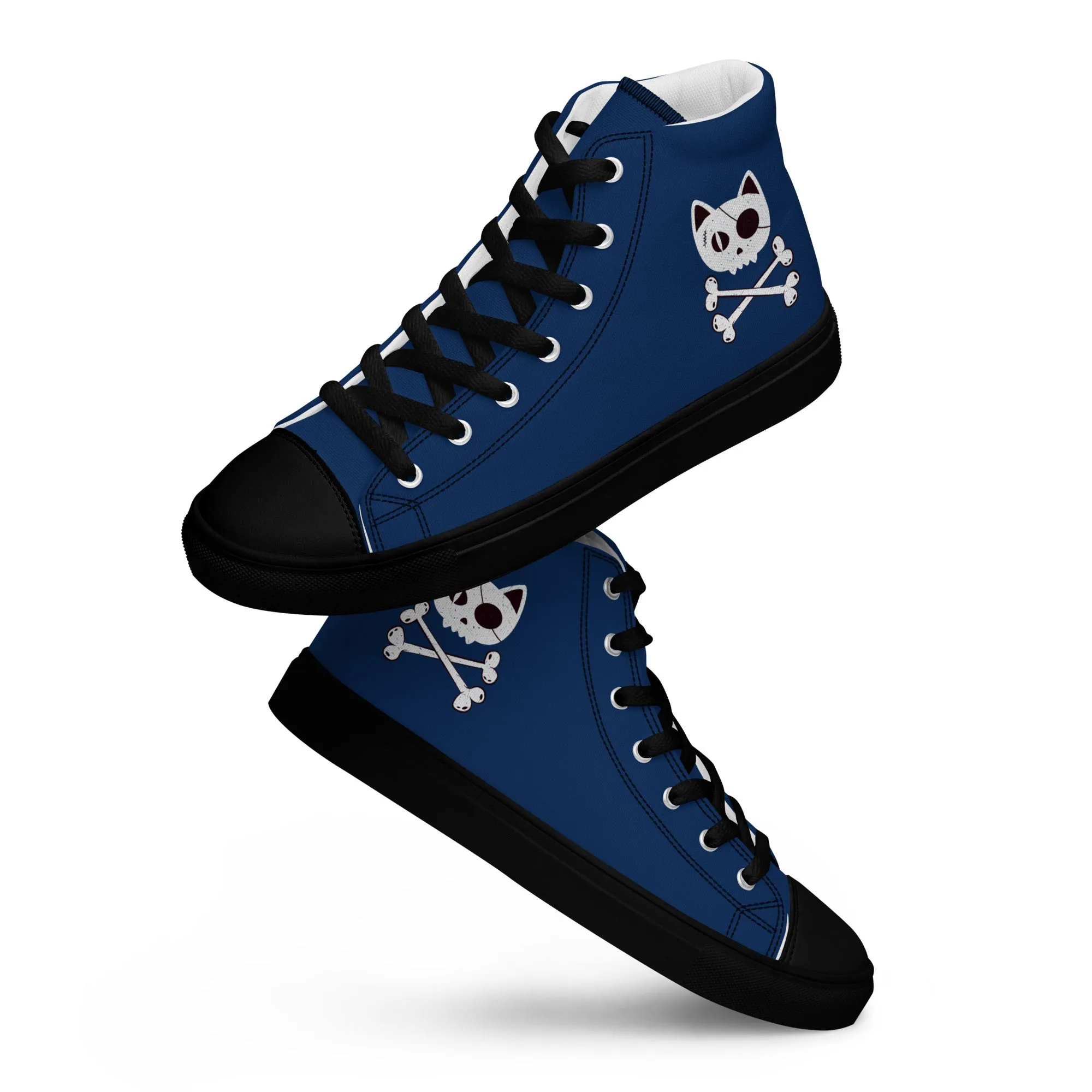 Women’s Blue high top canvas shoes with Pirate Cat Skull and Crossbones