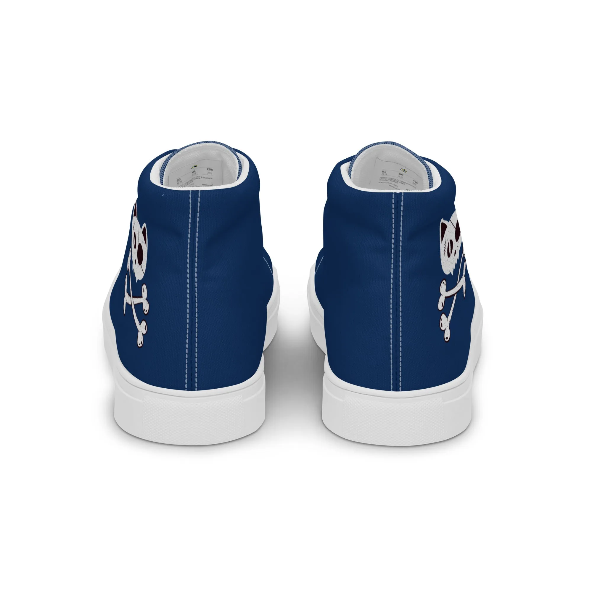 Women’s Blue high top canvas shoes with Pirate Cat Skull and Crossbones