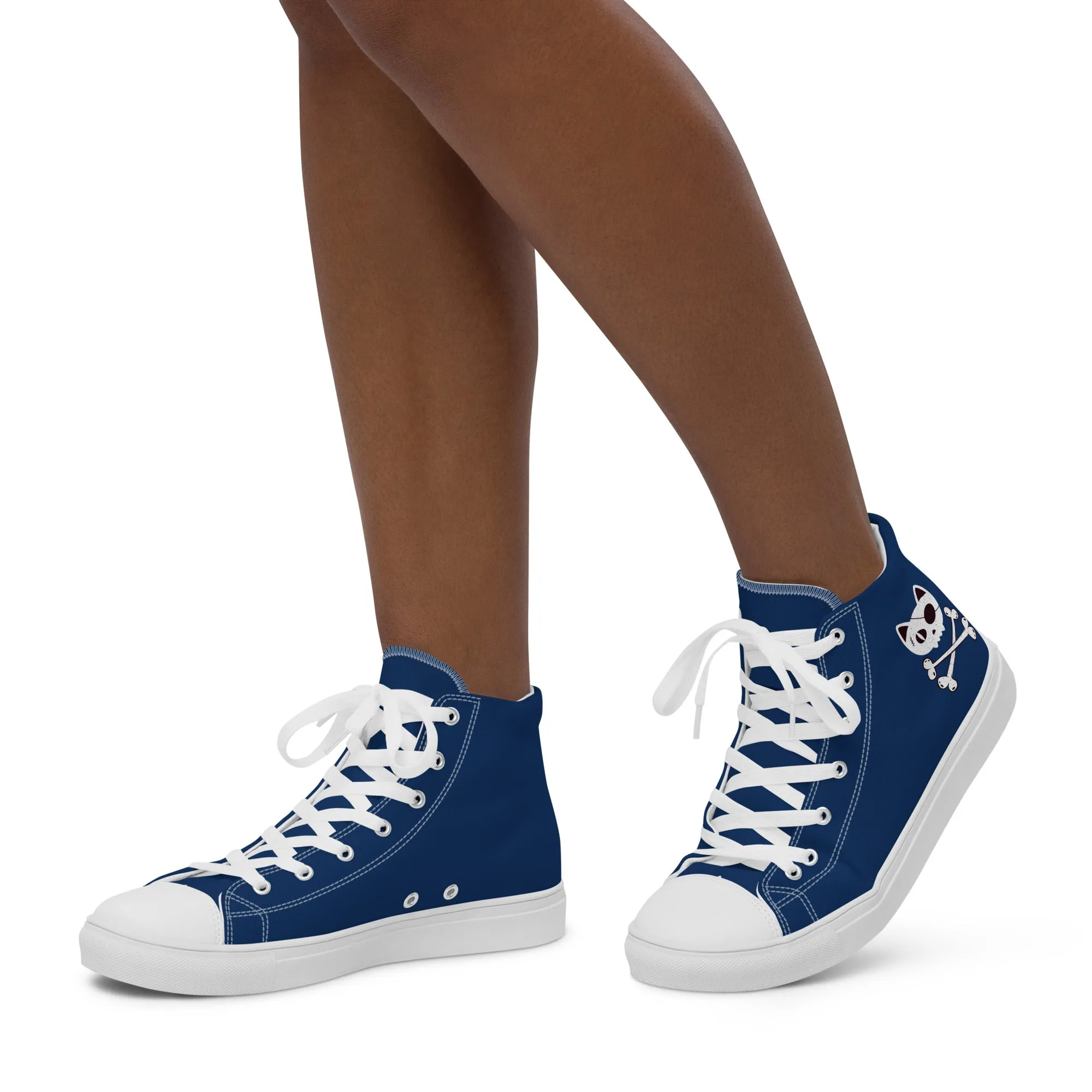 Women’s Blue high top canvas shoes with Pirate Cat Skull and Crossbones