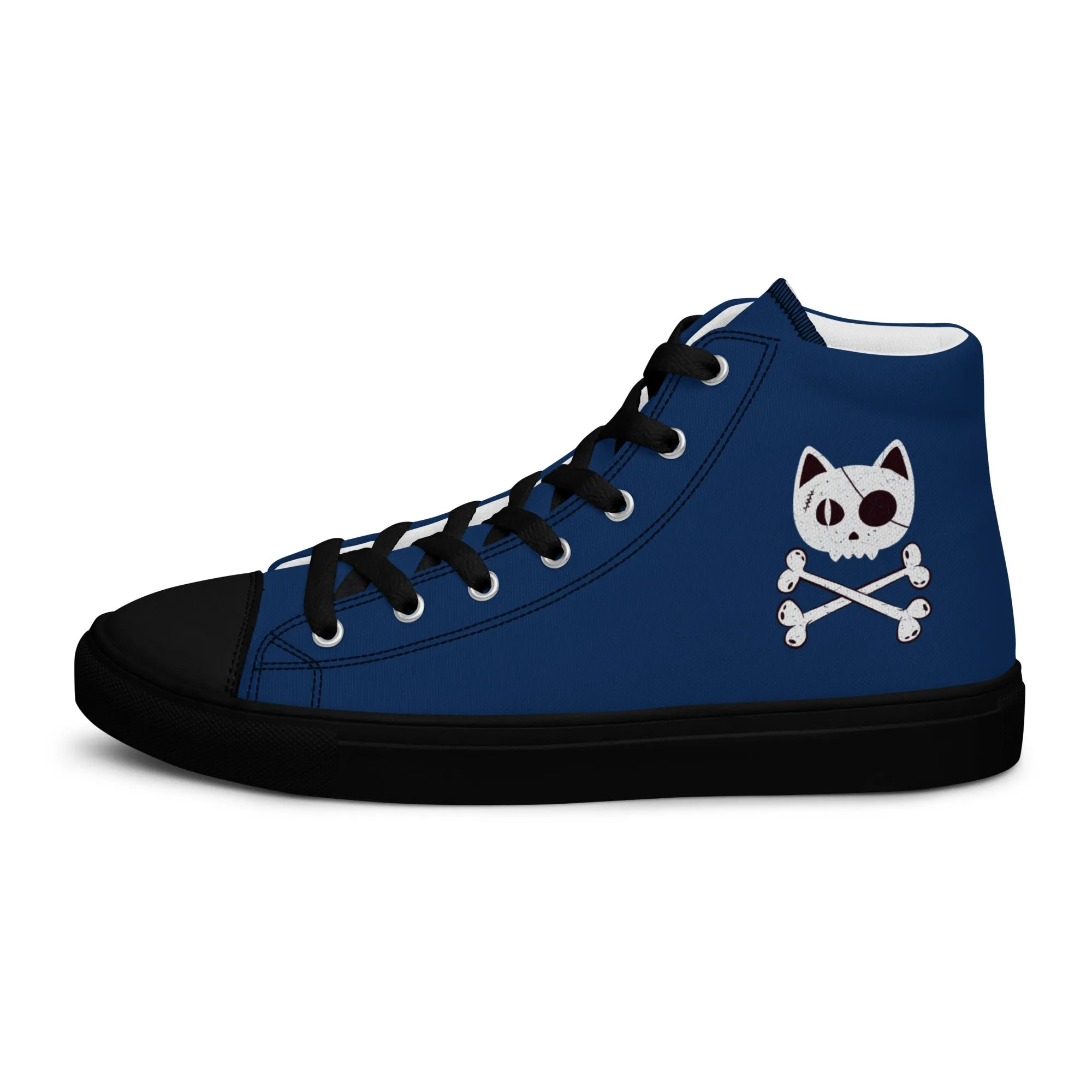 Women’s Blue high top canvas shoes with Pirate Cat Skull and Crossbones