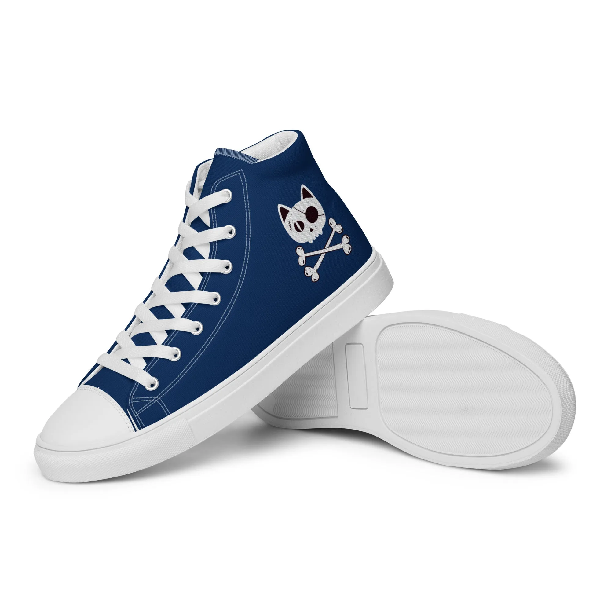 Women’s Blue high top canvas shoes with Pirate Cat Skull and Crossbones