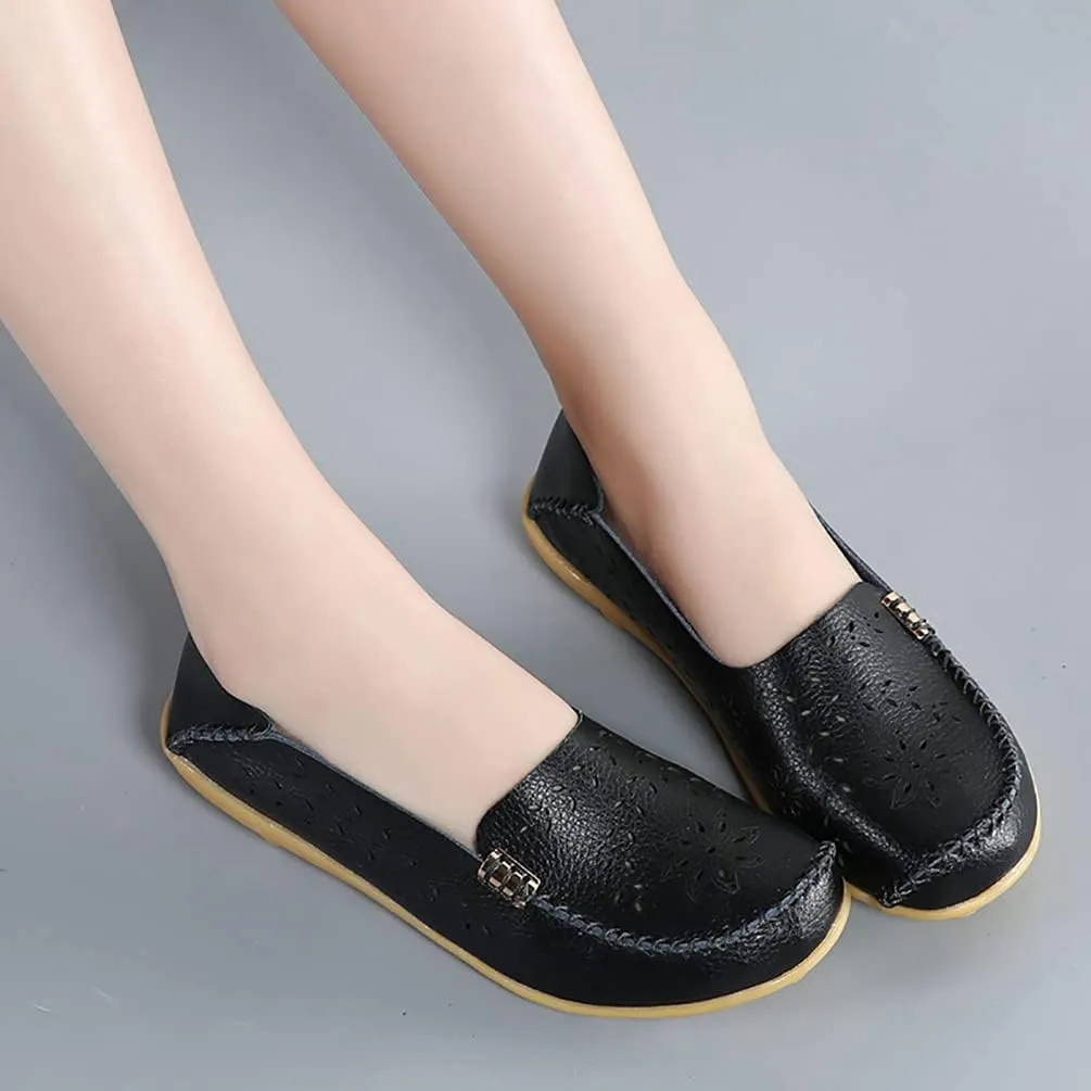 Women's Casual Round Head Moccasin Shoes Comfortable Leather Breathable Loafers Walking Nurse Breathable Driving Fashion Soft Shoes