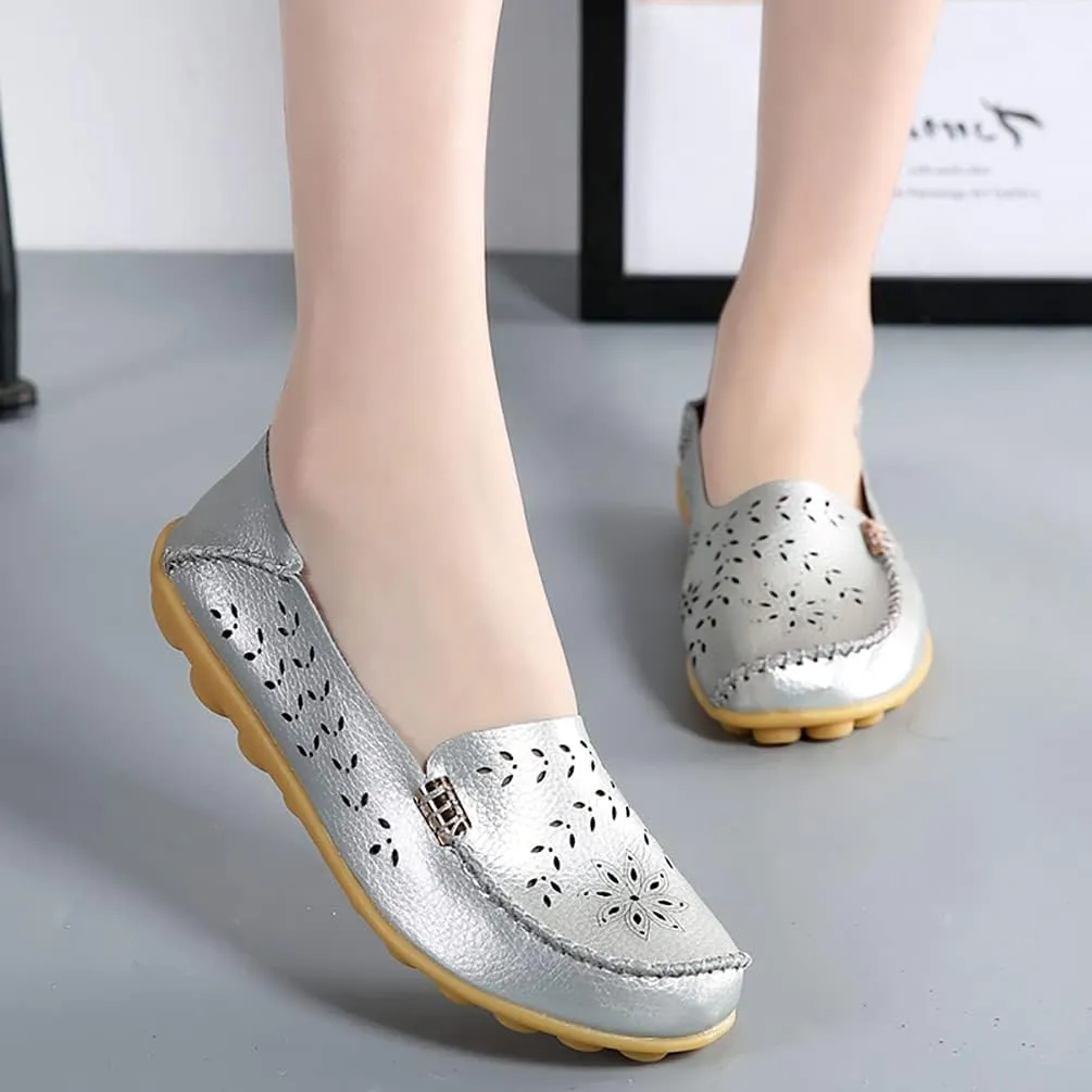 Women's Casual Round Head Moccasin Shoes Comfortable Leather Breathable Loafers Walking Nurse Breathable Driving Fashion Soft Shoes