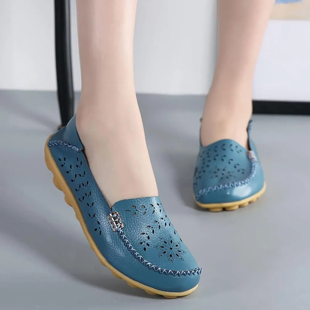 Women's Casual Round Head Moccasin Shoes Comfortable Leather Breathable Loafers Walking Nurse Breathable Driving Fashion Soft Shoes