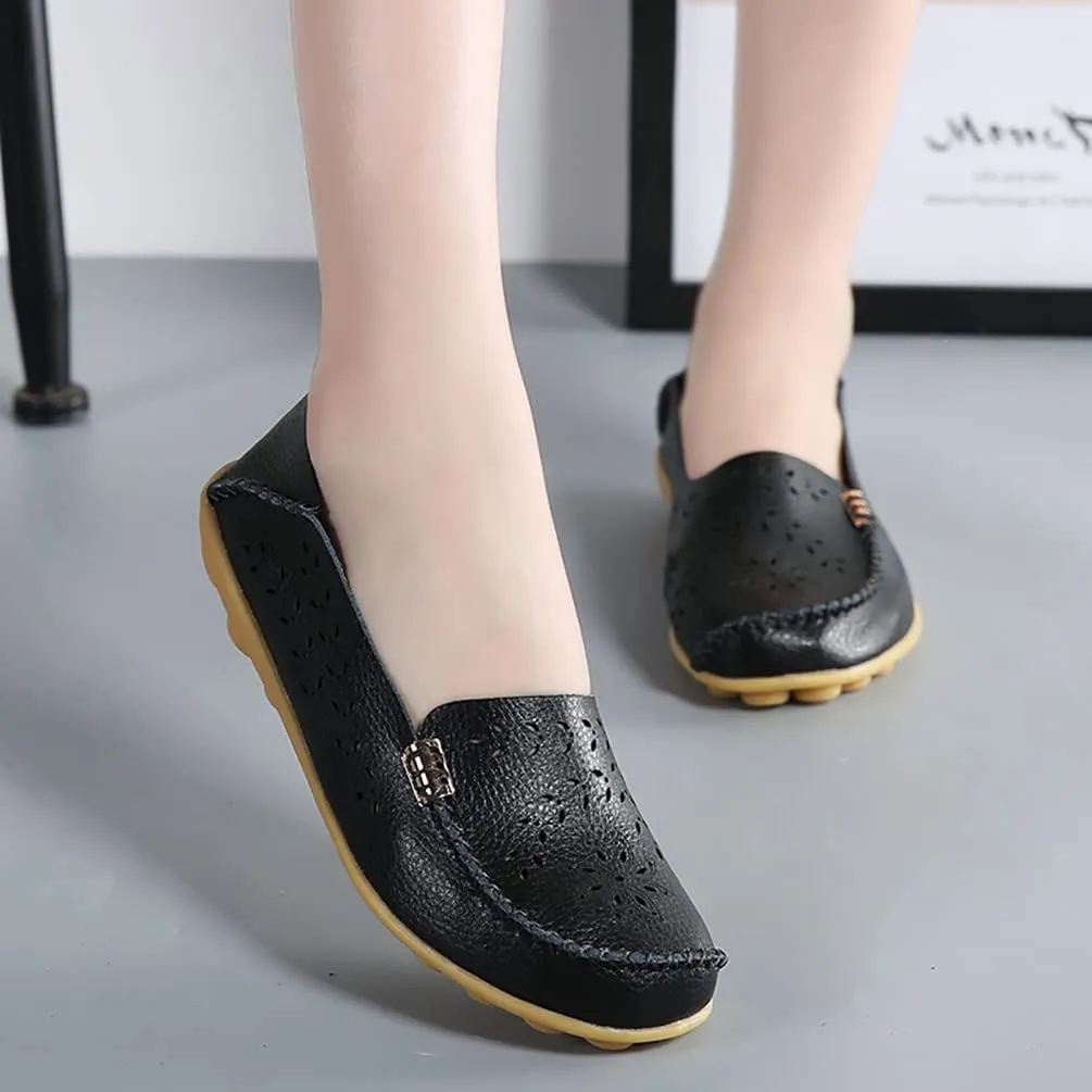 Women's Casual Round Head Moccasin Shoes Comfortable Leather Breathable Loafers Walking Nurse Breathable Driving Fashion Soft Shoes