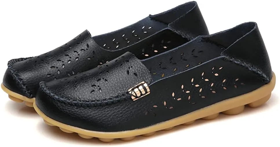 Women's Casual Round Head Moccasin Shoes Comfortable Leather Breathable Loafers Walking Nurse Breathable Driving Fashion Soft Shoes