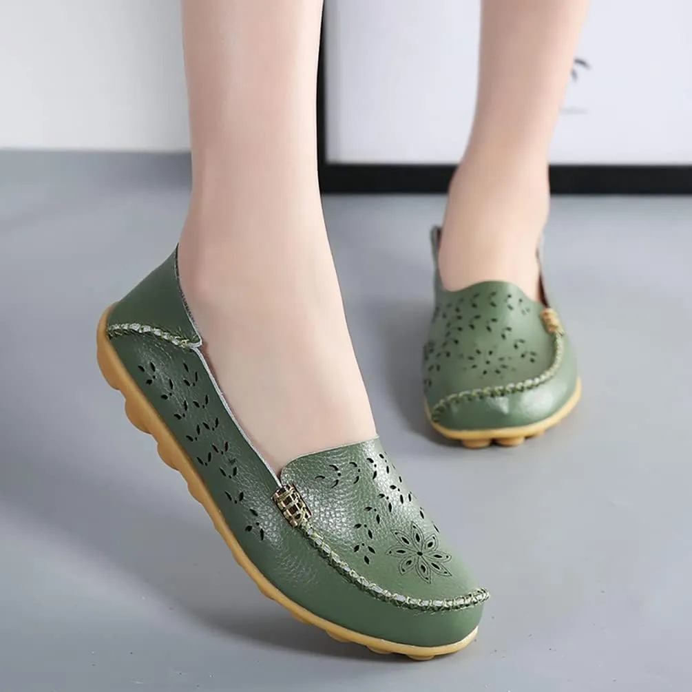 Women's Casual Round Head Moccasin Shoes Comfortable Leather Breathable Loafers Walking Nurse Breathable Driving Fashion Soft Shoes