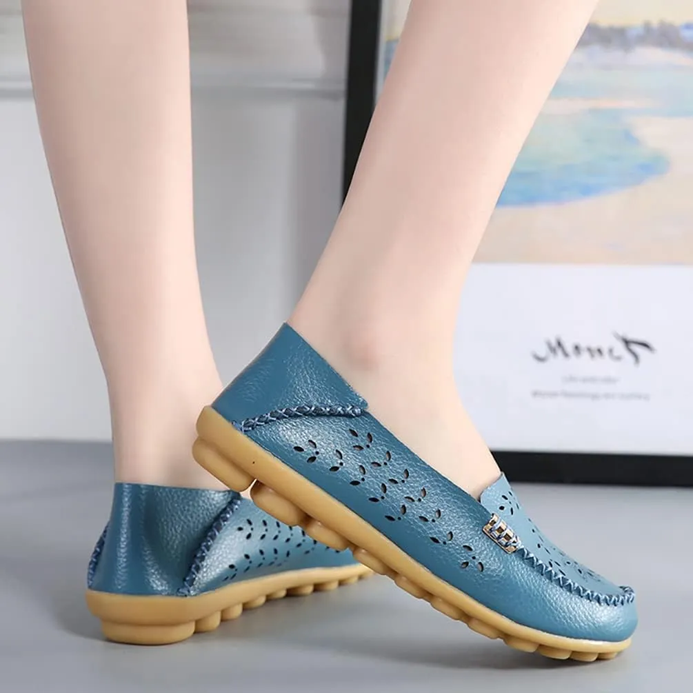 Women's Casual Round Head Moccasin Shoes Comfortable Leather Breathable Loafers Walking Nurse Breathable Driving Fashion Soft Shoes