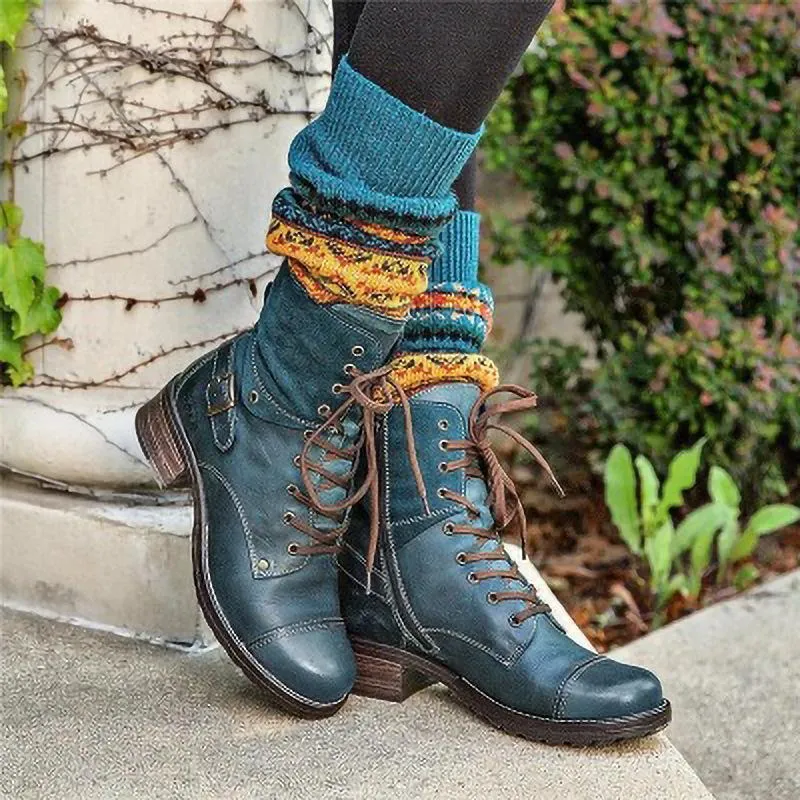Women's chunky combat boots zipper lace-up ankle boots