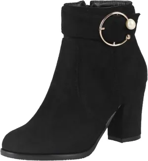 Women's Chunky Heel Ankle Boots with Zipper and Buckle
