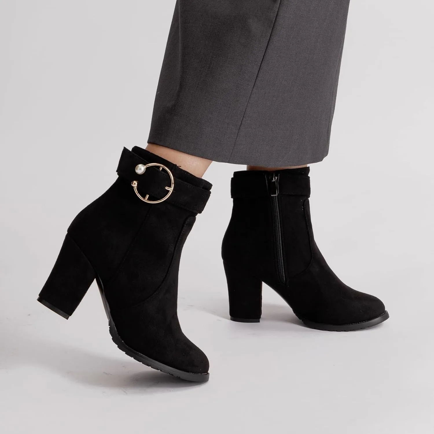 Women's Chunky Heel Ankle Boots with Zipper and Buckle