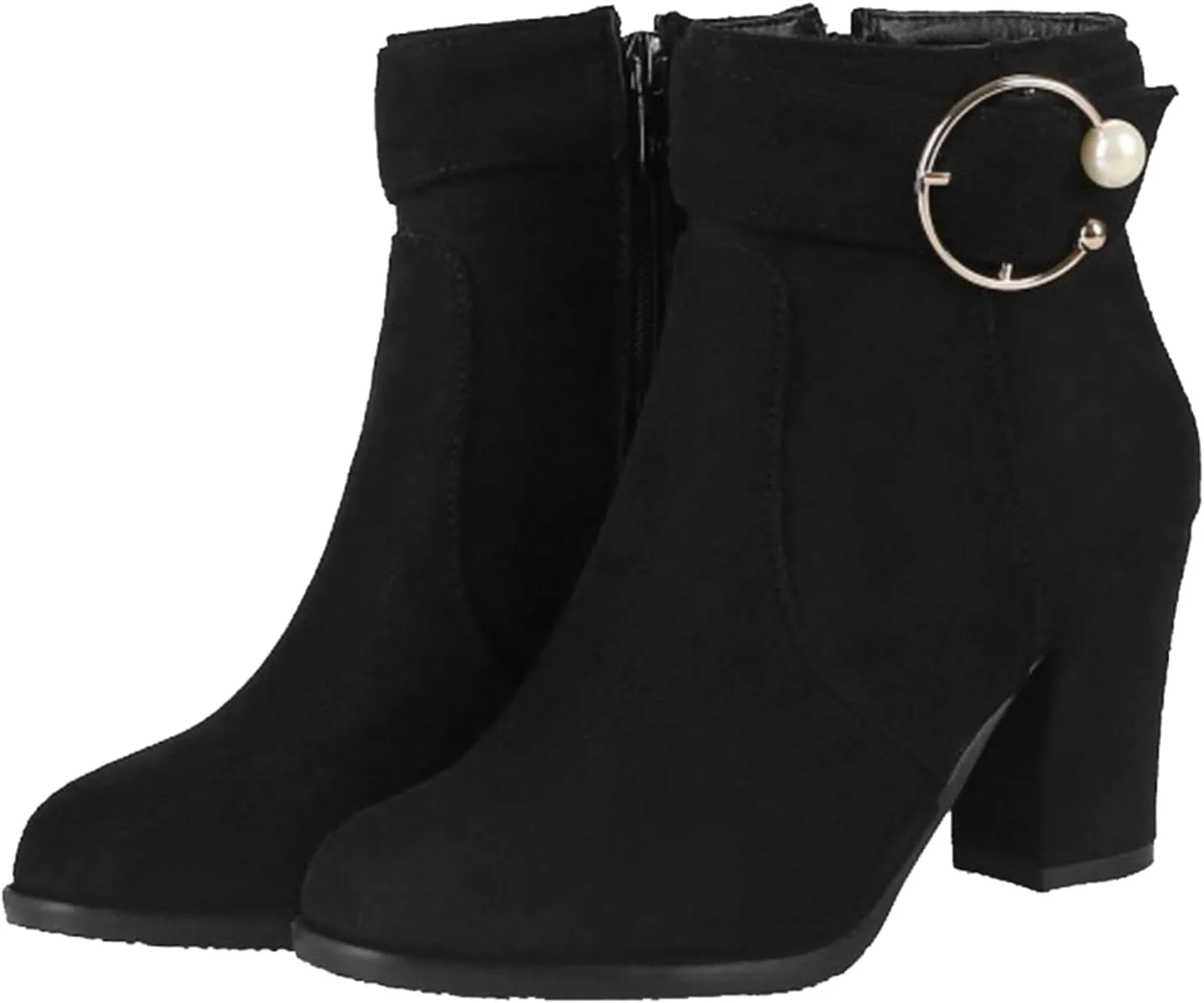 Women's Chunky Heel Ankle Boots with Zipper and Buckle