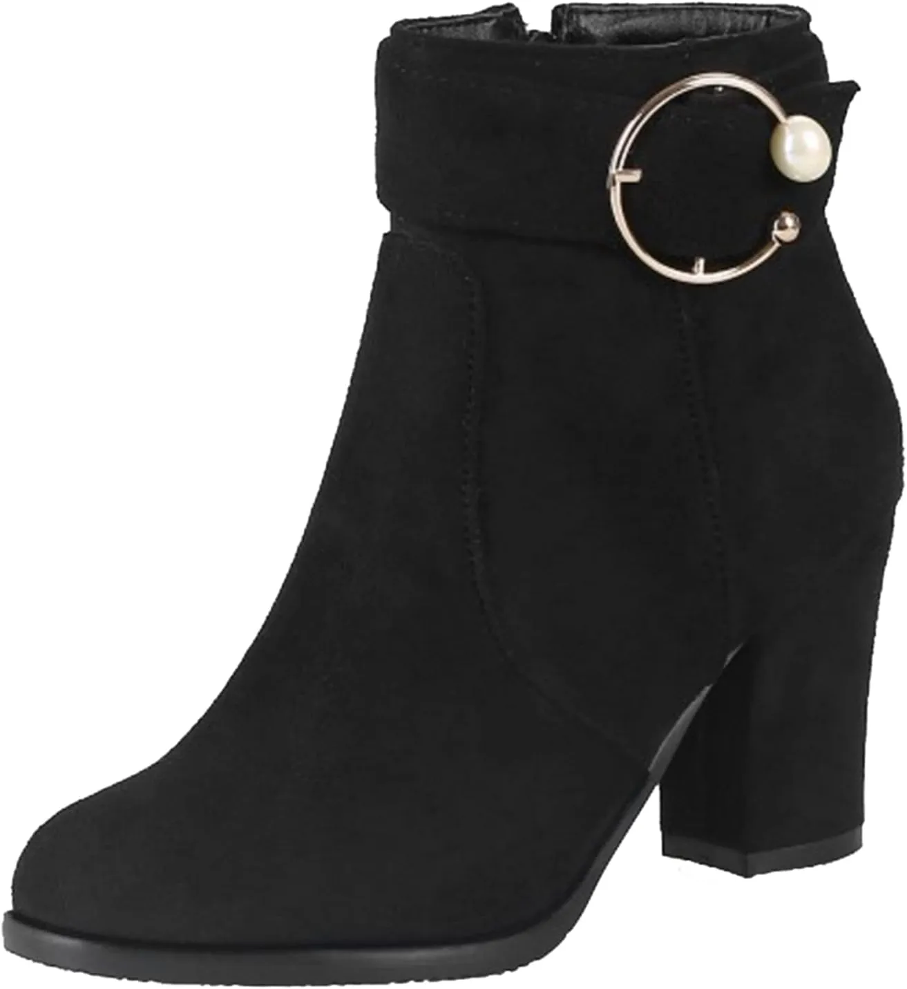 Women's Chunky Heel Ankle Boots with Zipper and Buckle