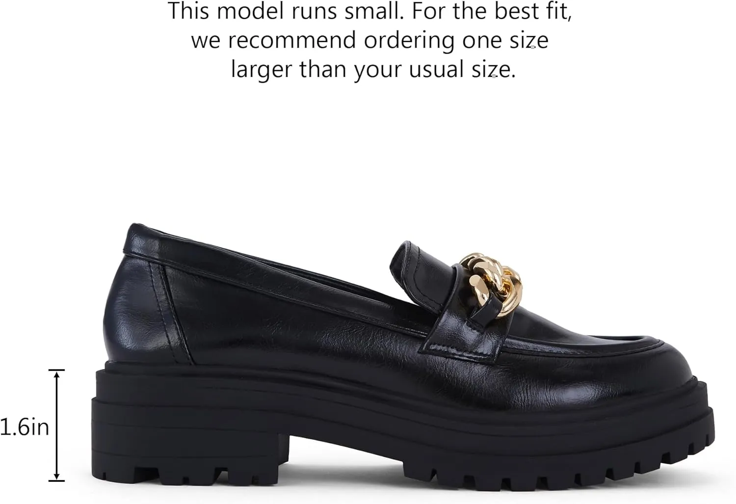 Women's Chunky Heeled Loafers with Gold Chain Trim - Slip-On Rubber Sole Shoes for Formal and Casual Wear