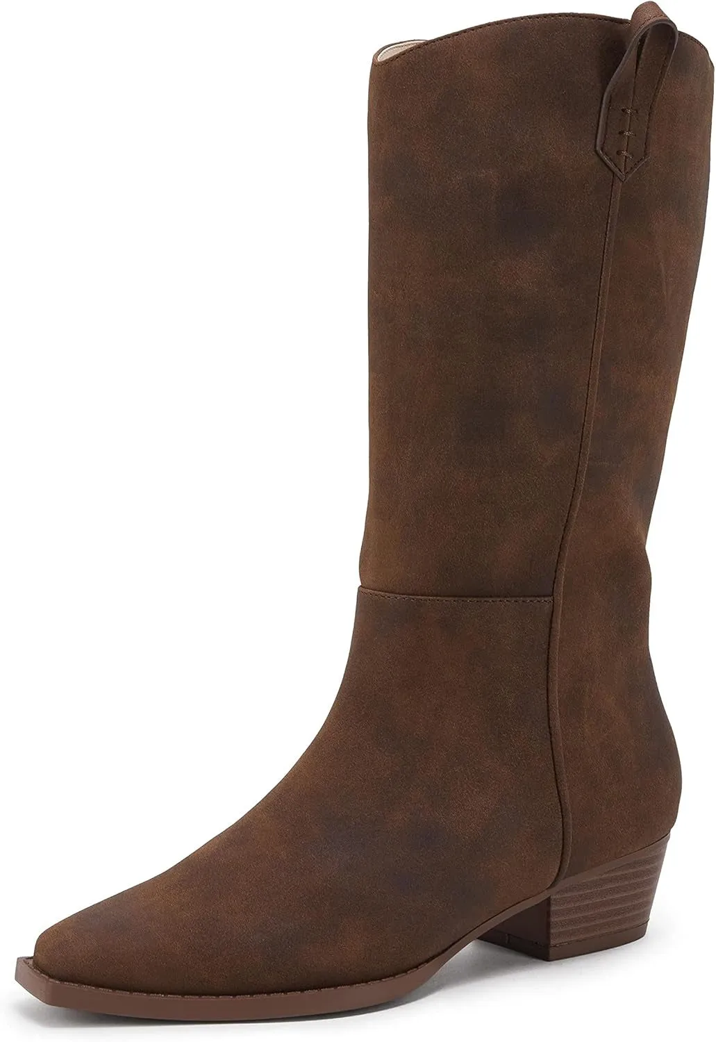 Womens Cowgirl Western Keen-High Boots Low Stacked Chunky Heel Cool Burnished Leather Boots
