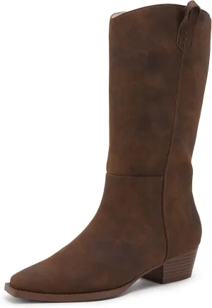 Womens Cowgirl Western Keen-High Boots Low Stacked Chunky Heel Cool Burnished Leather Boots