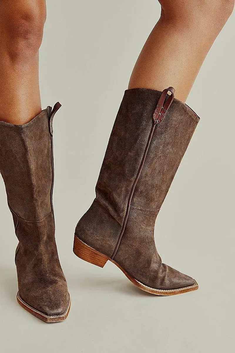 Womens Cowgirl Western Keen-High Boots Low Stacked Chunky Heel Cool Burnished Leather Boots