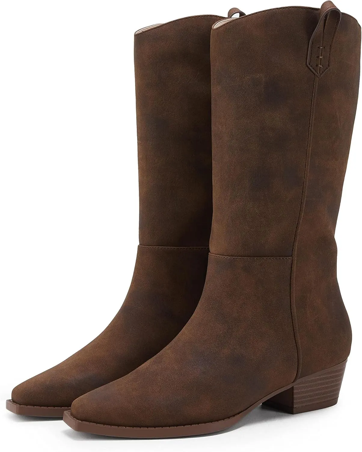 Womens Cowgirl Western Keen-High Boots Low Stacked Chunky Heel Cool Burnished Leather Boots