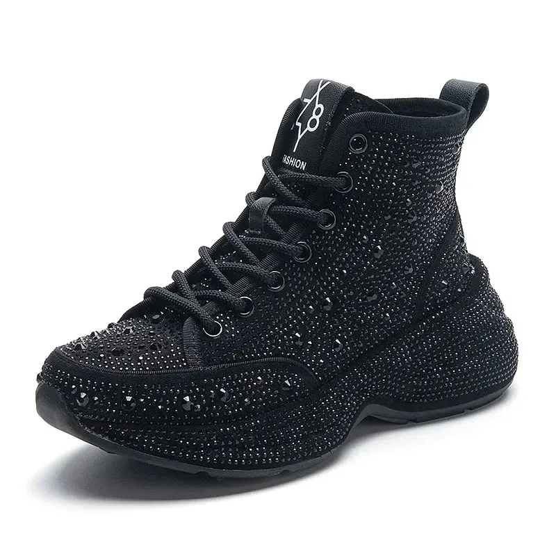 Women's Crystal Platform Sneakers/Boots - Spring/Autumn Fashion Full Diamond Casual Shoes, Trendy Tennis Boots