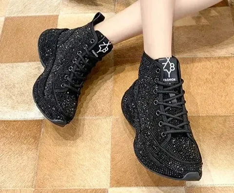 Women's Crystal Platform Sneakers/Boots - Spring/Autumn Fashion Full Diamond Casual Shoes, Trendy Tennis Boots