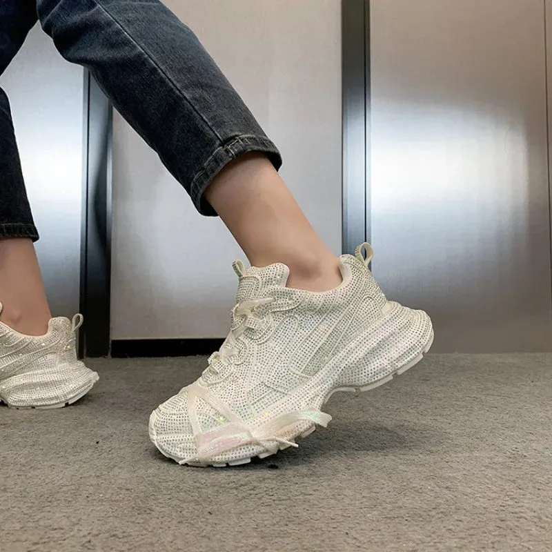 Women's Crystal Platform Sneakers/Boots - Spring/Autumn Fashion Full Diamond Casual Shoes, Trendy Tennis Boots
