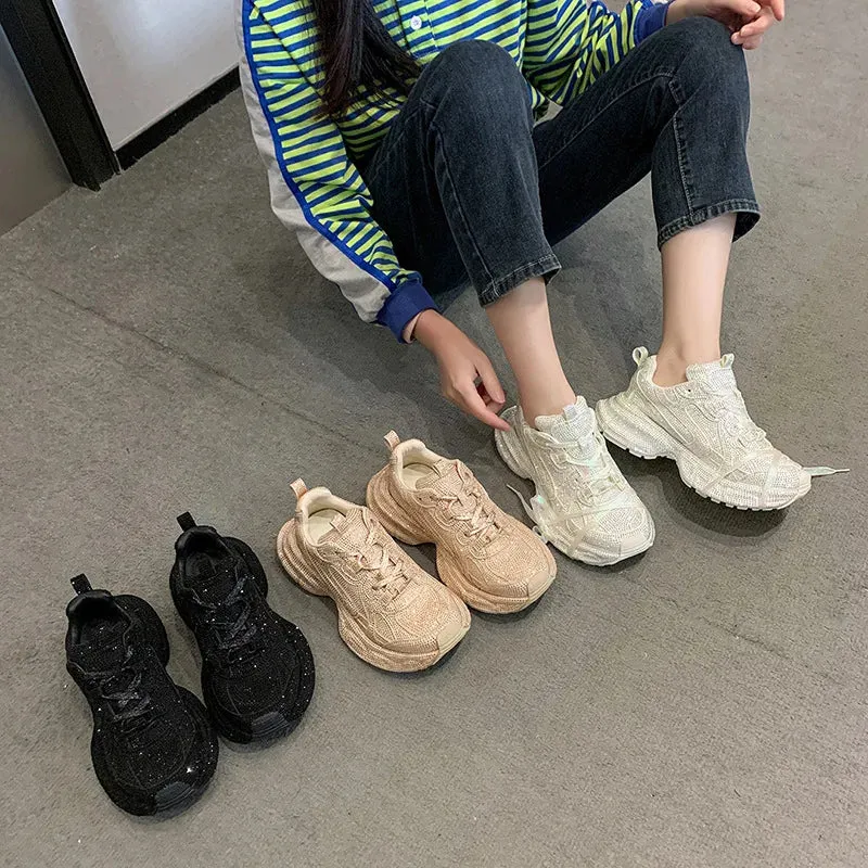 Women's Crystal Platform Sneakers/Boots - Spring/Autumn Fashion Full Diamond Casual Shoes, Trendy Tennis Boots