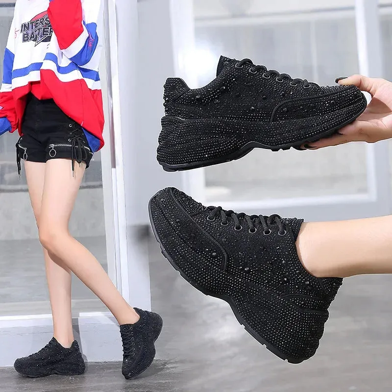 Women's Crystal Platform Sneakers/Boots - Spring/Autumn Fashion Full Diamond Casual Shoes, Trendy Tennis Boots
