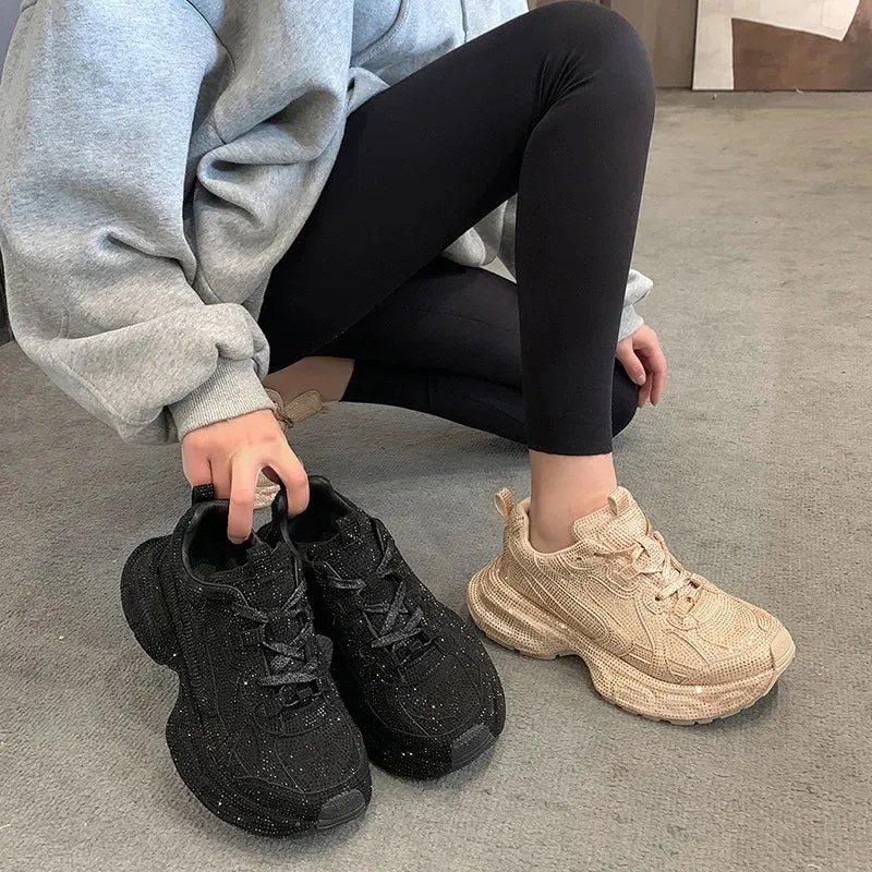 Women's Crystal Platform Sneakers/Boots - Spring/Autumn Fashion Full Diamond Casual Shoes, Trendy Tennis Boots