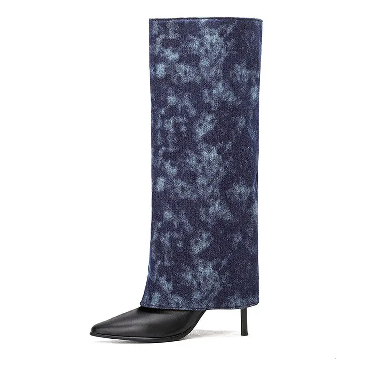 Women's Denim Pointed Toe Stiletto High Heel Tall Boots