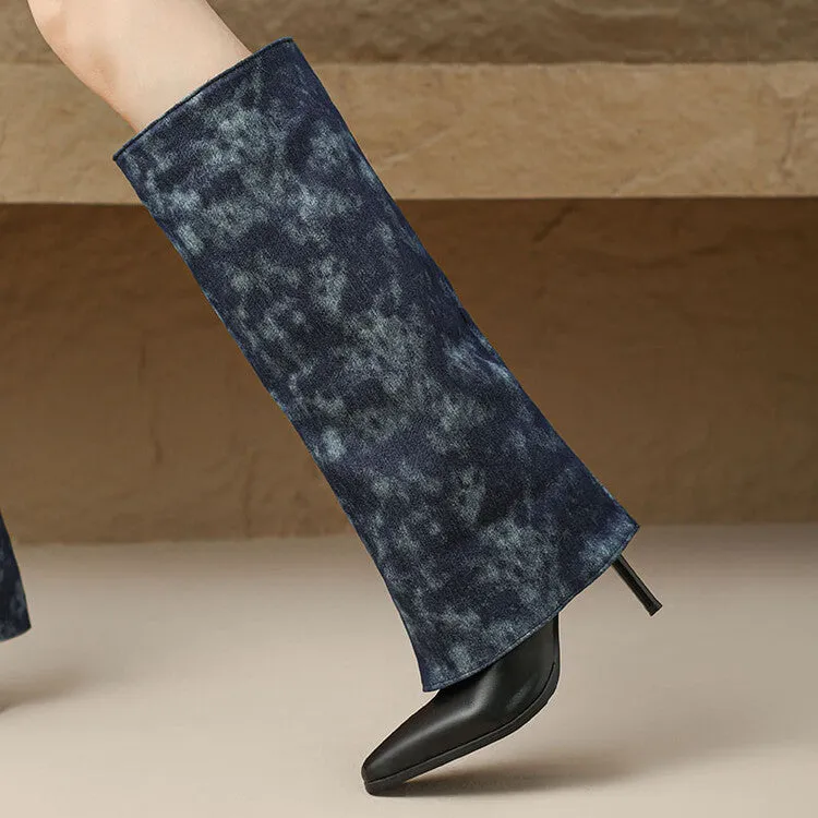 Women's Denim Pointed Toe Stiletto High Heel Tall Boots