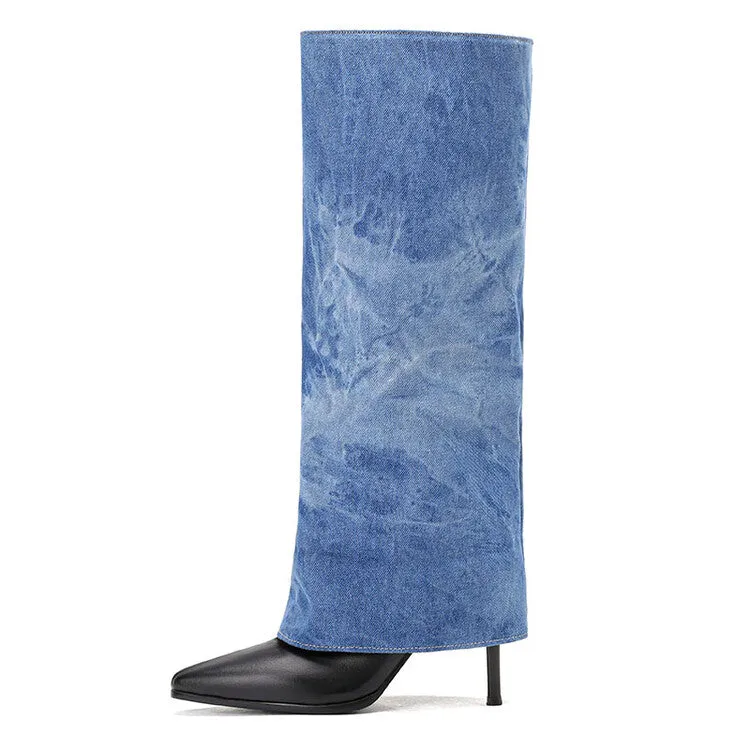 Women's Denim Pointed Toe Stiletto High Heel Tall Boots
